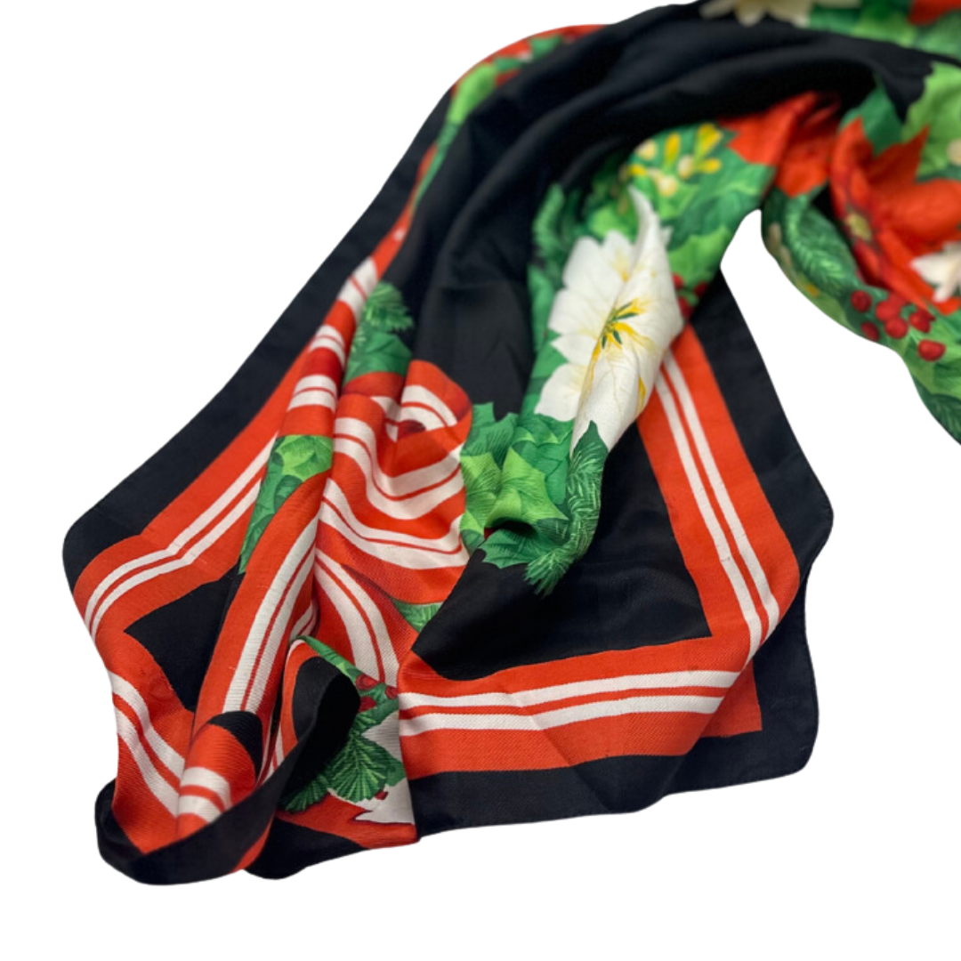 Festive Poinsettia Print Silk Scarf - Red, Green, and White Floral Design