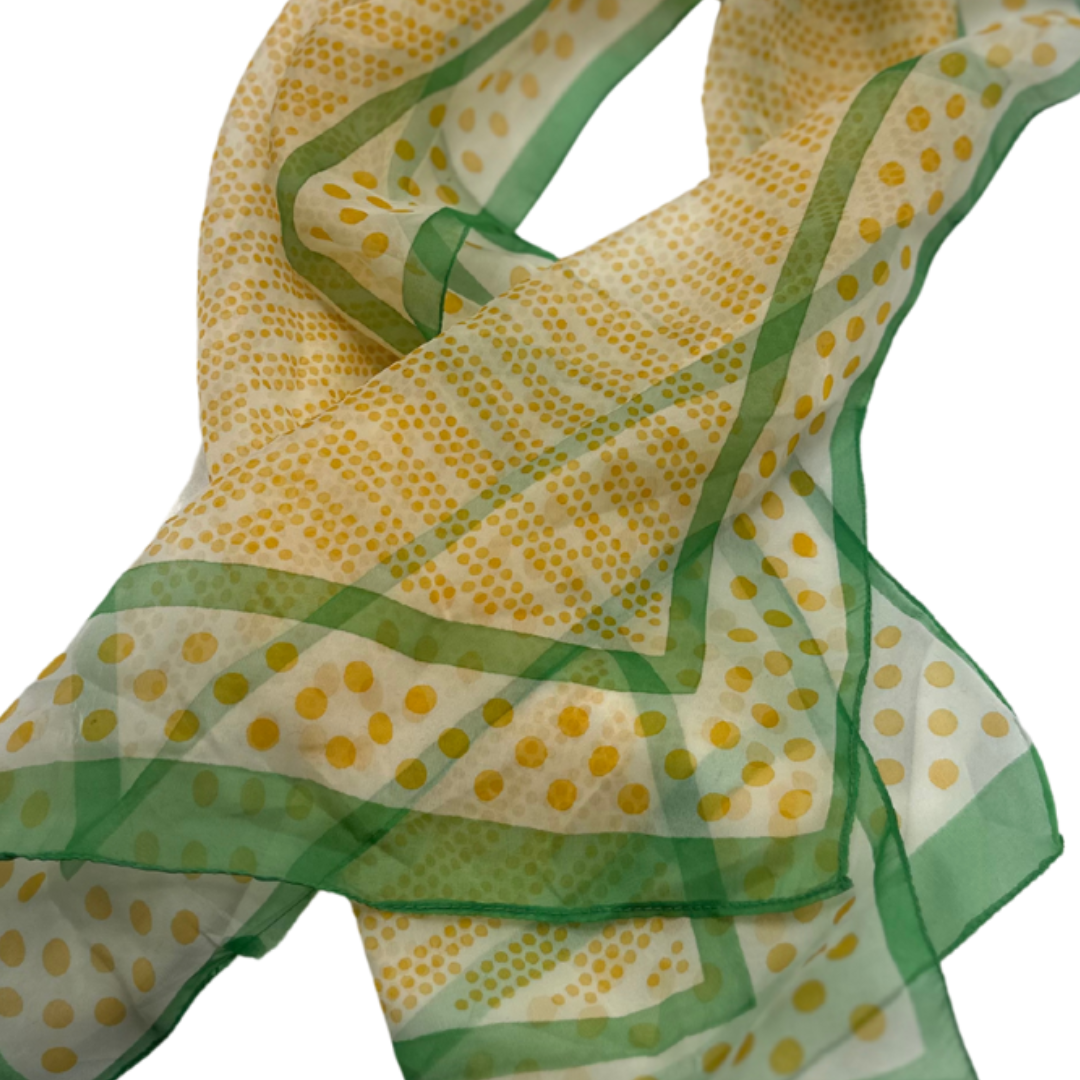 Chic Yellow Polka Dot Silk Scarf with Green Border - Lightweight and Stylish