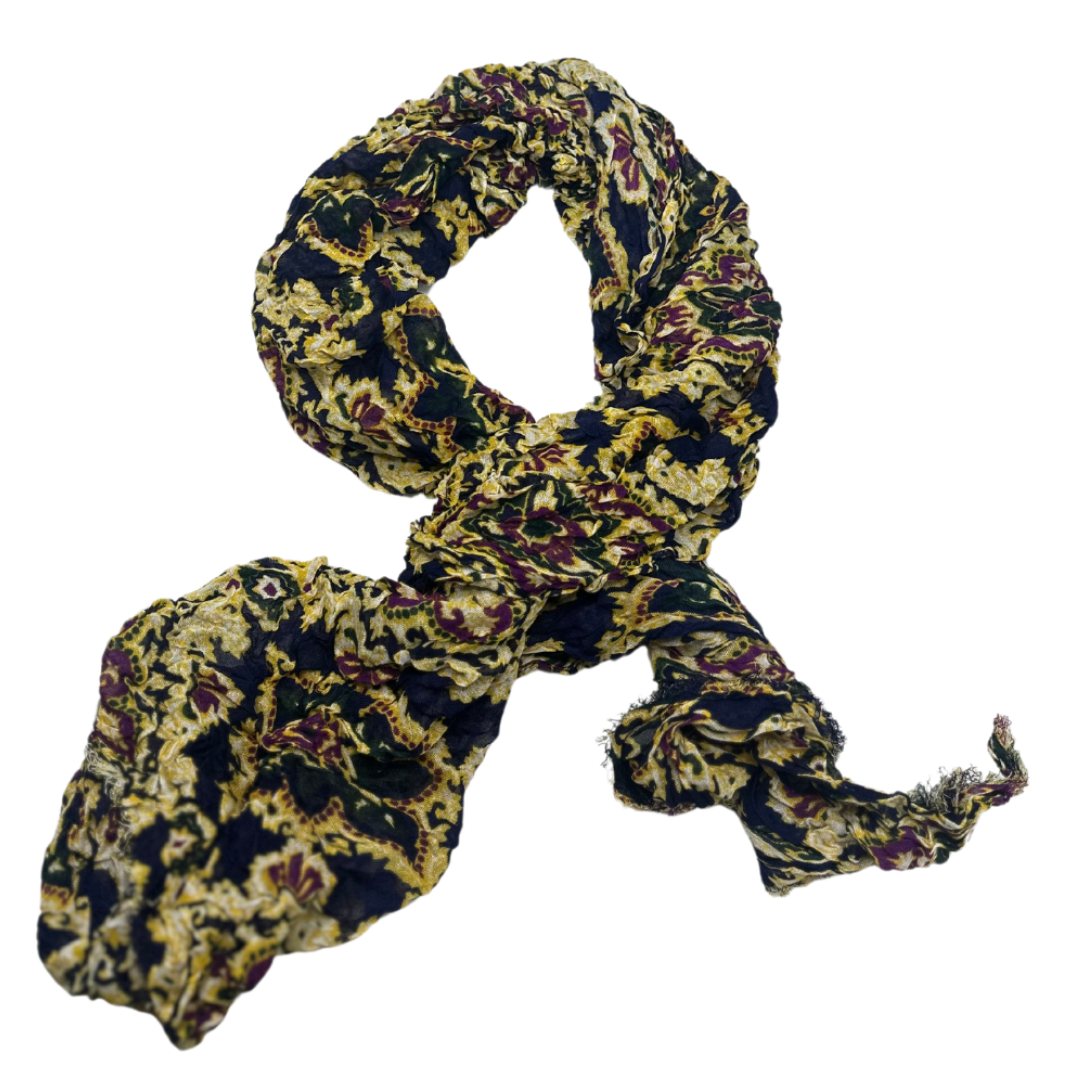 Vintage-Inspired Floral Crinkled Scarf – Rich Gold and Navy Tones for a Bold Look