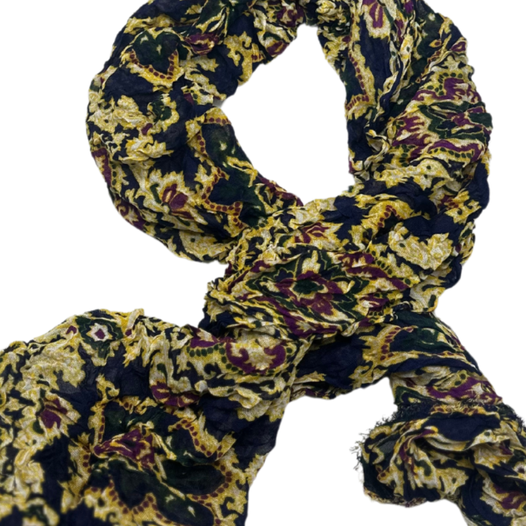 Vintage-Inspired Floral Crinkled Scarf – Rich Gold and Navy Tones for a Bold Look