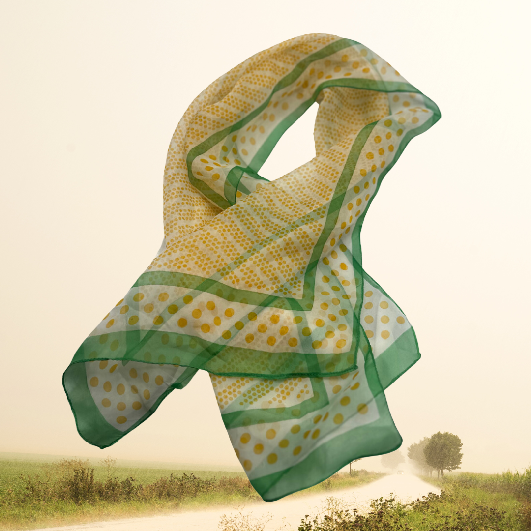 Chic Yellow Polka Dot Silk Scarf with Green Border - Lightweight and Stylish