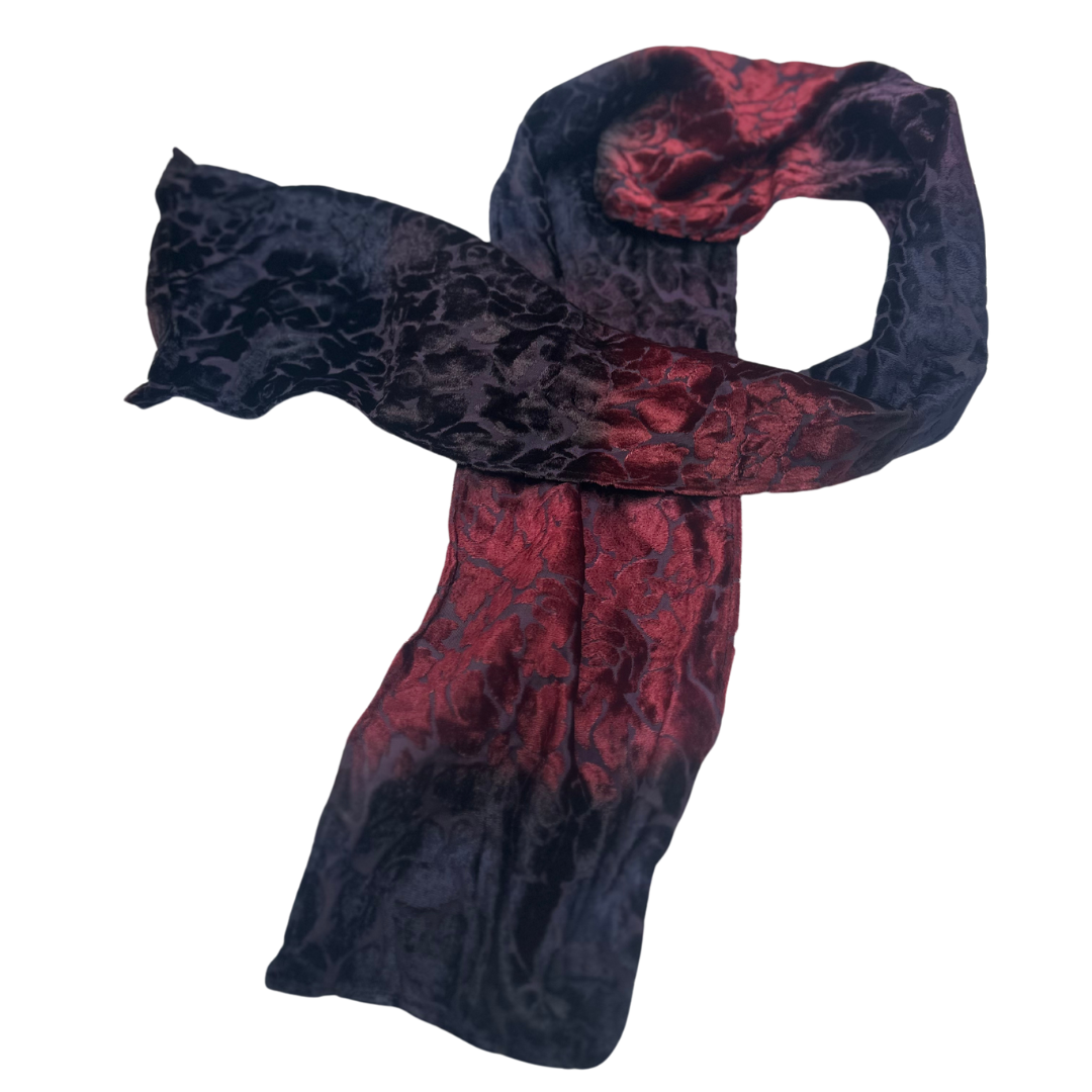 Elegant Red and Black Velvet Burnout Scarf - Floral Pattern