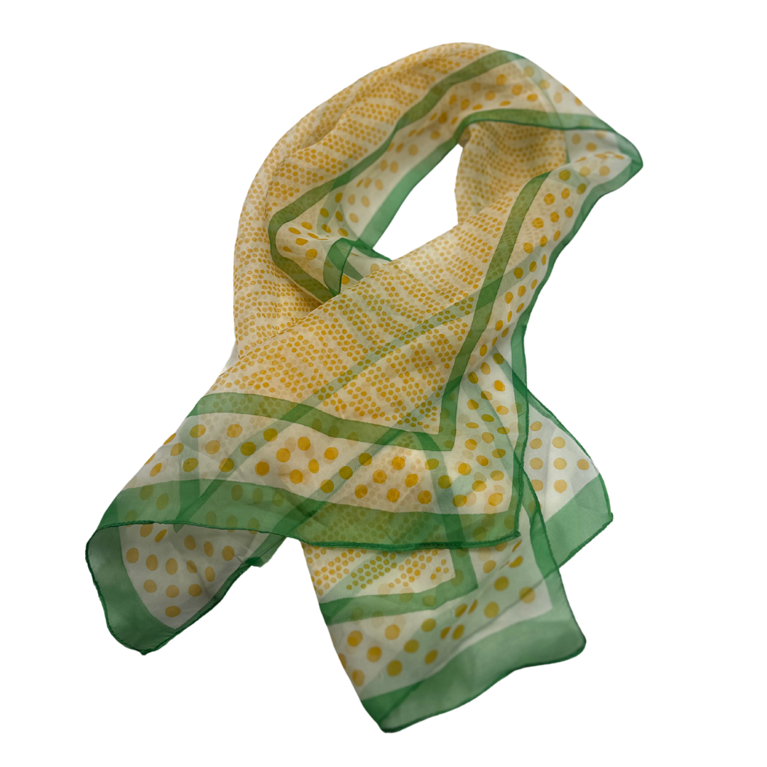 Chic Yellow Polka Dot Silk Scarf with Green Border - Lightweight and Stylish