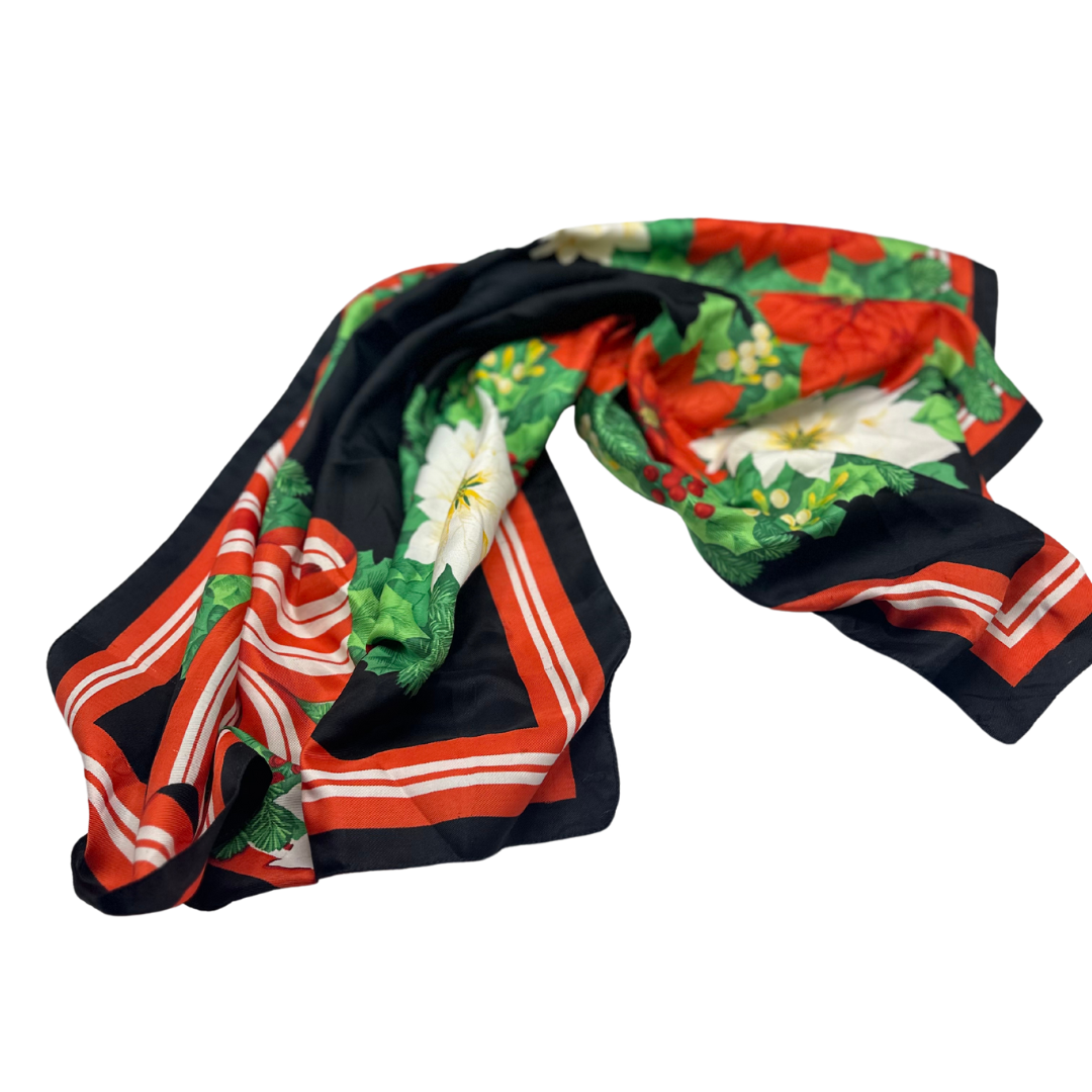 Festive Poinsettia Print Silk Scarf - Red, Green, and White Floral Design