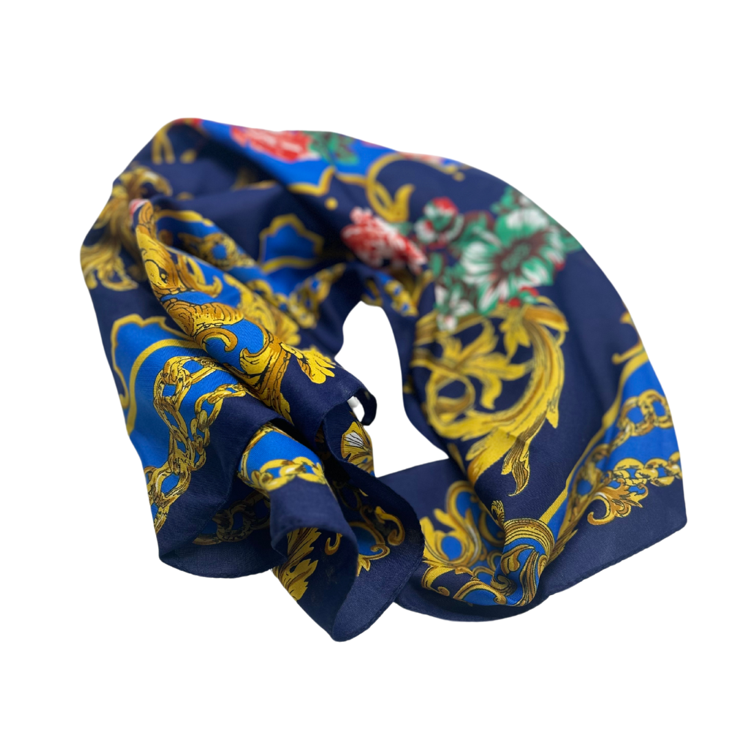 Elegant Navy Blue and Gold Silk Scarf - Baroque Floral Design