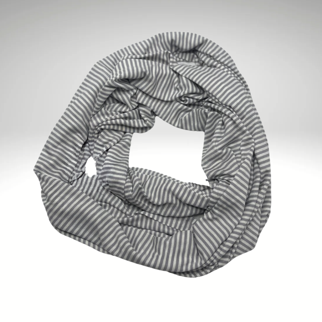 Classic Striped Infinity Scarf in Grey and White – Lightweight & Versatile