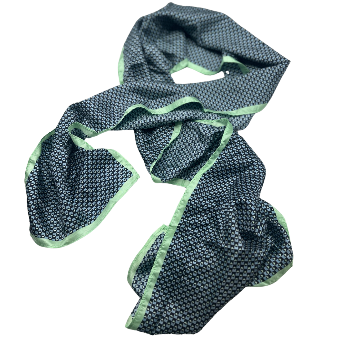 Luxurious Blue, Black, and Green Silk Scarf - Geometric Print with Satin Trim