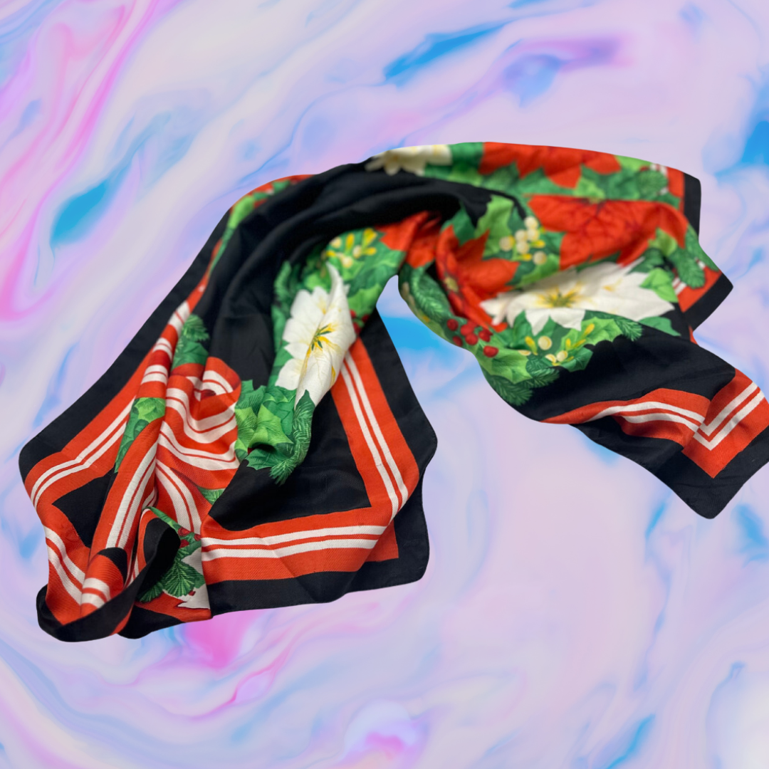 Festive Poinsettia Print Silk Scarf - Red, Green, and White Floral Design