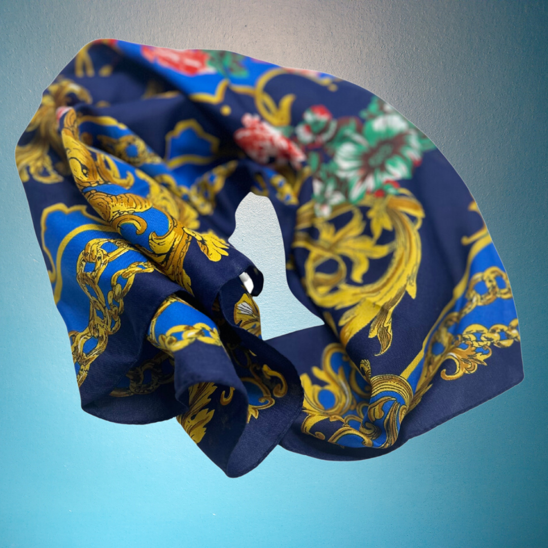 Elegant Navy Blue and Gold Silk Scarf - Baroque Floral Design